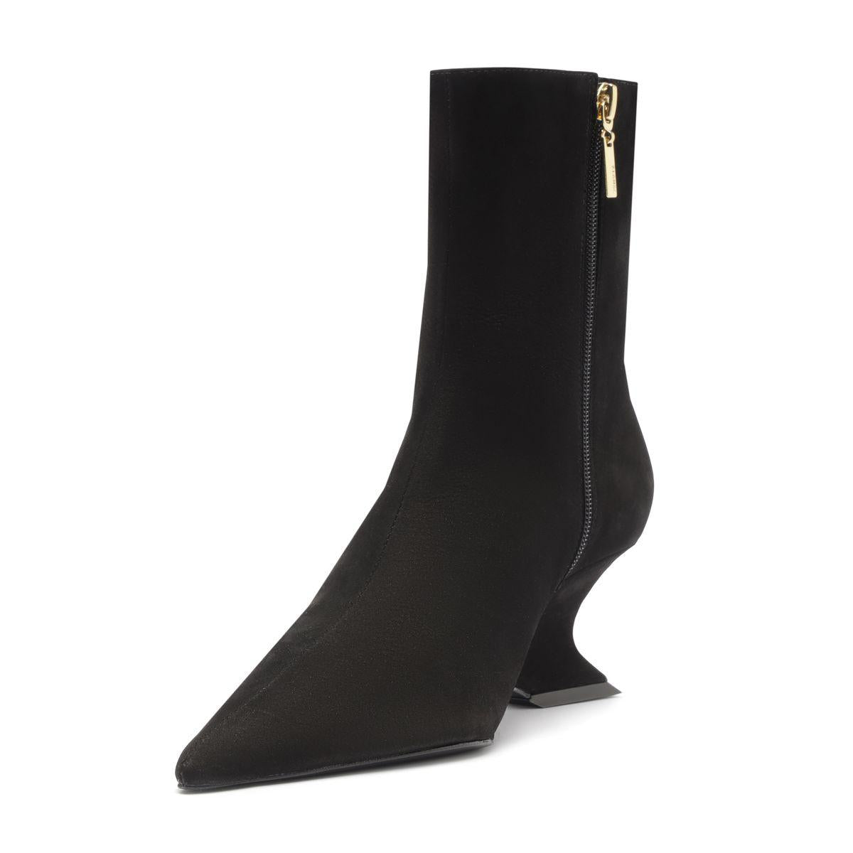 Side view of black Siena mid bootie showcasing pointed toe, zip closure, and wedge heel on a white background