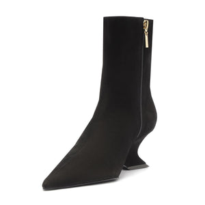 Side view of black Siena mid bootie showcasing pointed toe, zip closure, and wedge heel on a white background