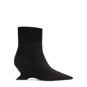 Side view of Siena Mid Bootie in Black showcasing pointed toe and wedge heel with a white background