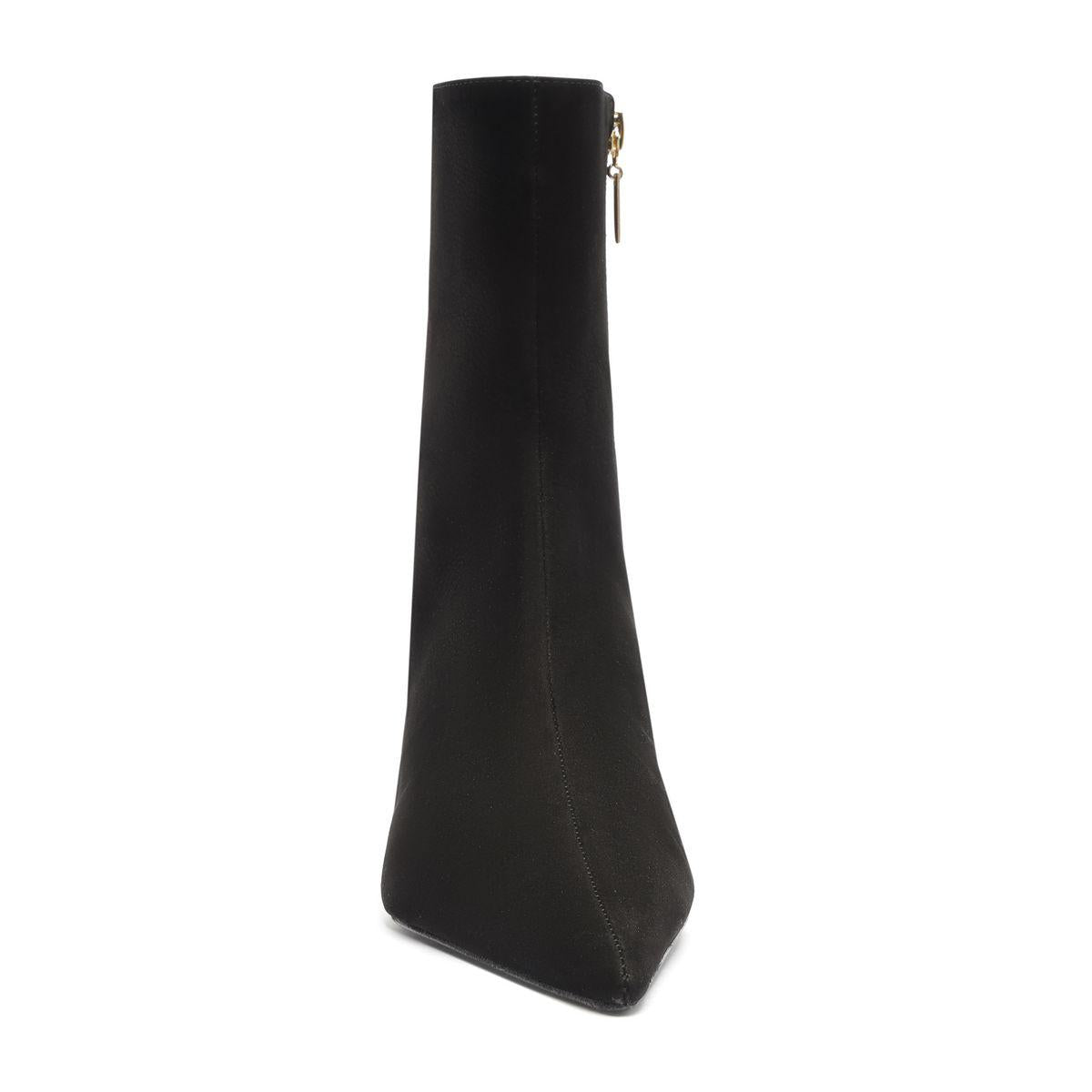 Three-quarter view of the Siena Mid Bootie in Black showcasing its pointed toe and mid-height wedge with a white background