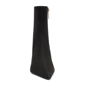Three-quarter view of the Siena Mid Bootie in Black showcasing its pointed toe and mid-height wedge with a white background