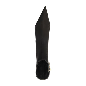 Top view of Siena Mid Bootie in Black showcasing its pointed toe and zip closure on a white background
