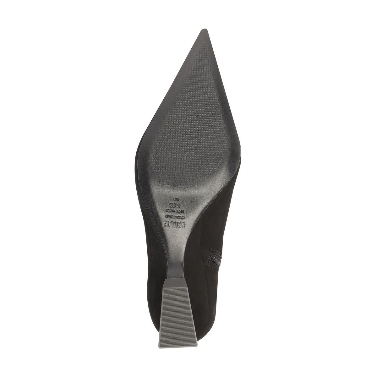 Bottom view of Siena Mid Bootie in Black showcasing the pointed toe and wedge heel with a white background