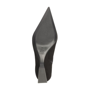 Bottom view of Siena Mid Bootie in Black showcasing the pointed toe and wedge heel with a white background