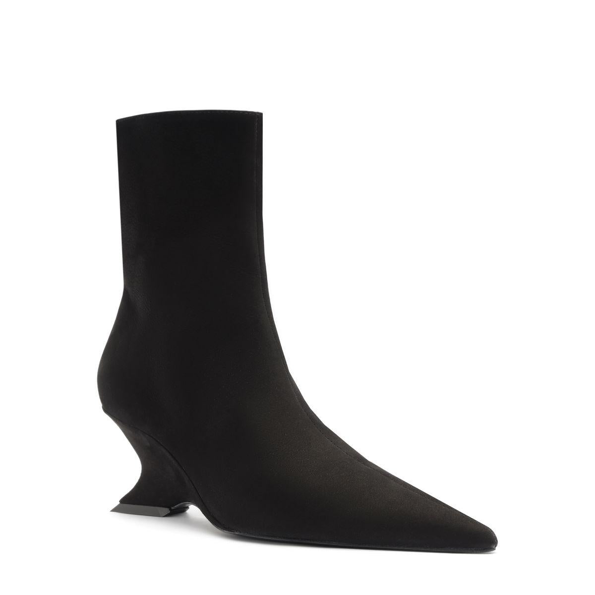 Side view of Siena Mid Bootie in Black showcasing its pointed toe and mid-height wedge on a white background