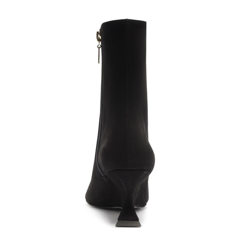 Rear view of black Siena Mid Bootie showcasing its mid-height wedge heel and sleek shaft with a white background