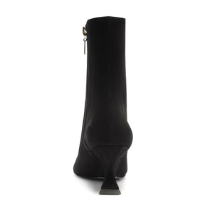 Rear view of black Siena Mid Bootie showcasing its mid-height wedge heel and sleek shaft with a white background