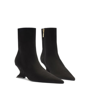Front and side view of black Siena Mid Bootie showcasing pointed toes, wedge heels, and zip closure on a white background