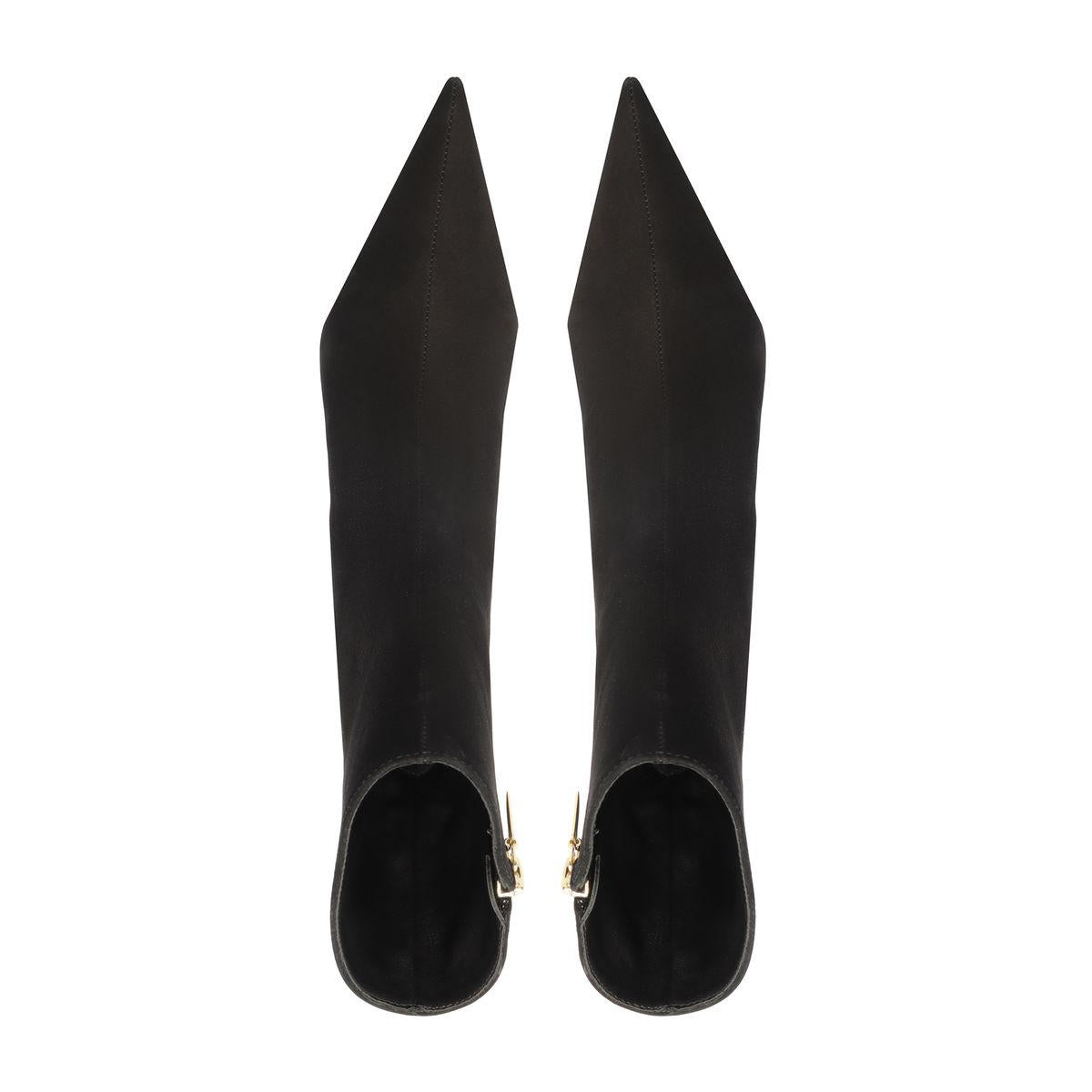 Top view of the Siena Mid Bootie in Black showcasing pointed toes and zip closures on a white background