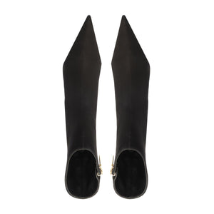 Top view of the Siena Mid Bootie in Black showcasing pointed toes and zip closures on a white background