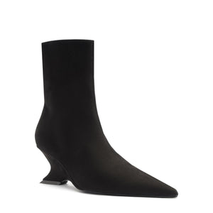 Side view of Siena Mid Bootie in Black showcasing its pointed toe and mid-height wedge on a white background