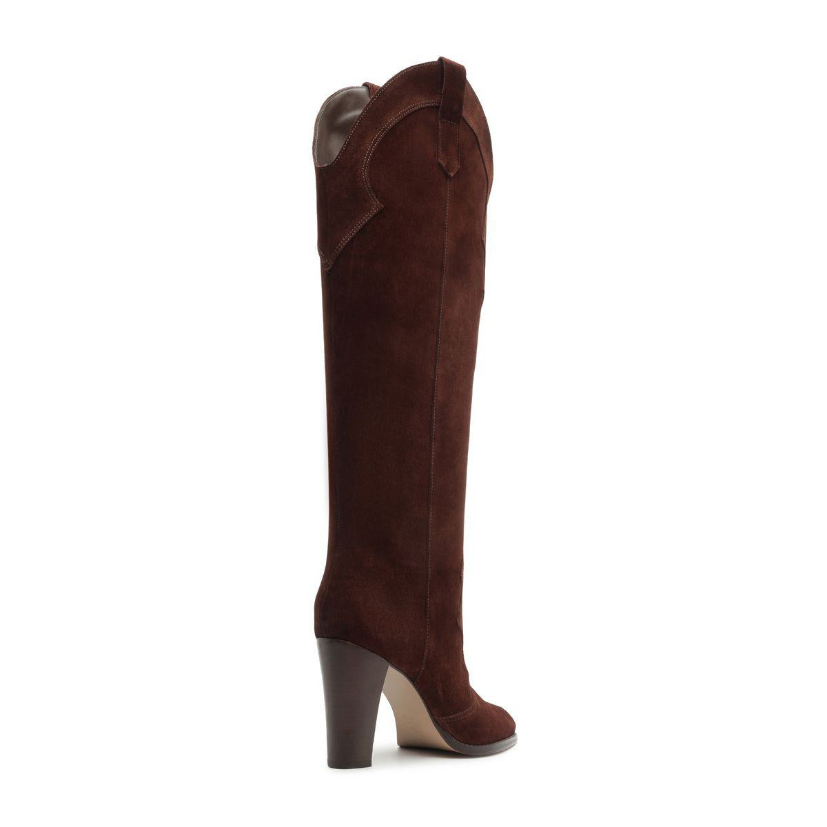 Side view of Miller Up suede boot in Maplewood showcasing tall shaft and block heel with white background
