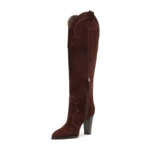 Side view of Miller Up Suede Boot in Maplewood showcasing tall suede shaft and pointed toe with white background