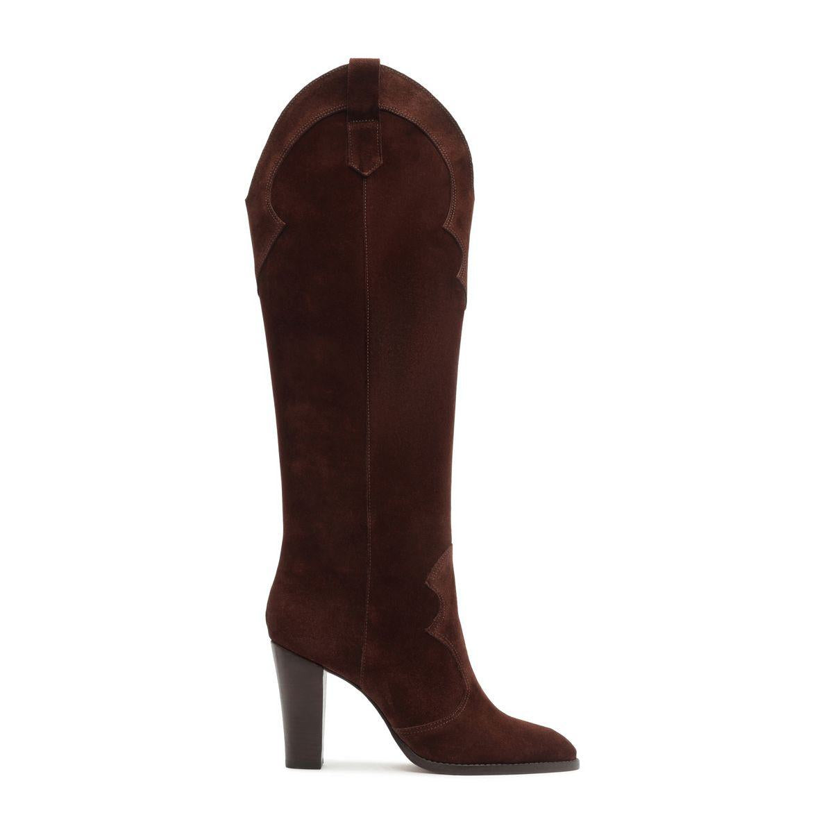 Side view of Miller Up suede boot in Maplewood showcasing tall shaft, pointed toe, and high block heel with a white background