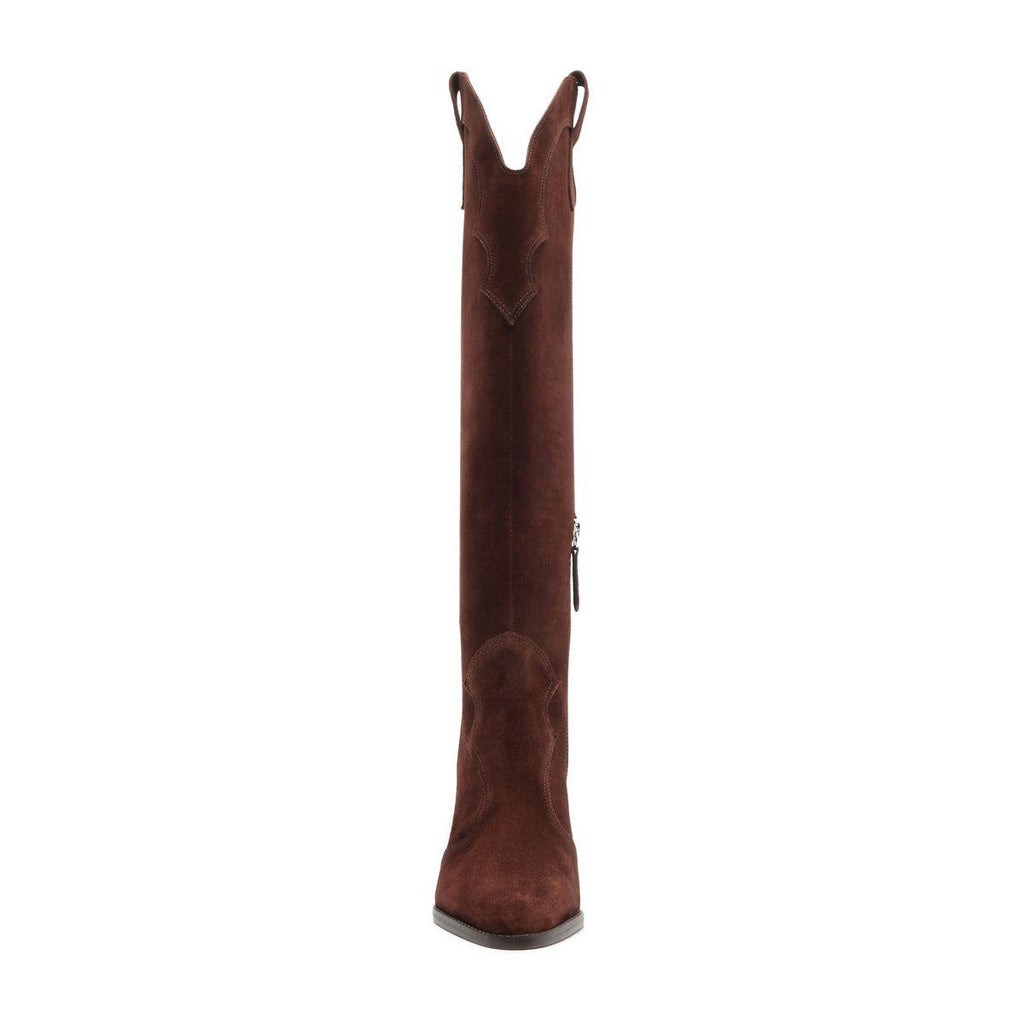 Front view of Miller Up Suede Boot in Maplewood showcasing its tall shaft against a white background