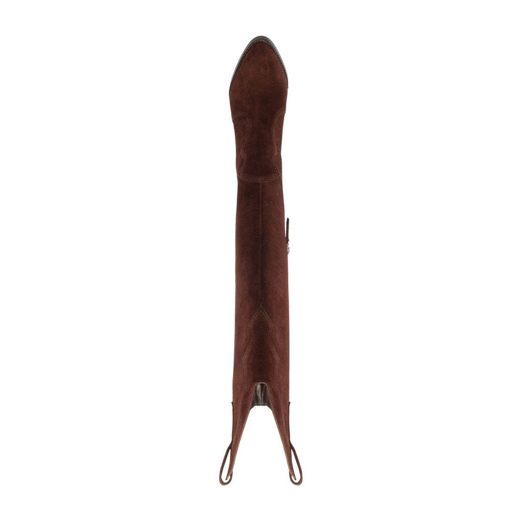 Rear view of Miller Up suede boot in Maplewood showcasing its tall shaft and pull loops against a white background