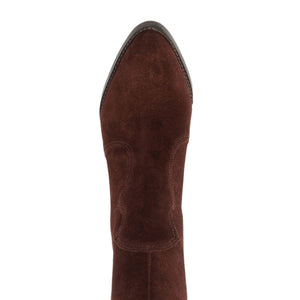 Top-down view of Miller Up suede boot in Maplewood showcasing its pointed toe and suede texture on a white background