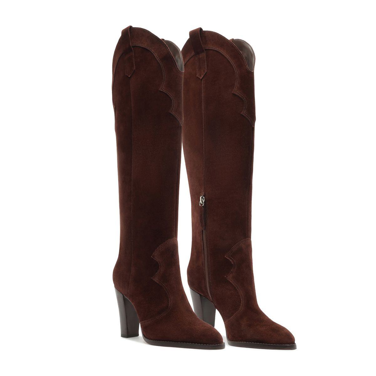 Front view of Miller Up Suede Boot in Maplewood showcasing tall brown suede shafts and block heels with a white background