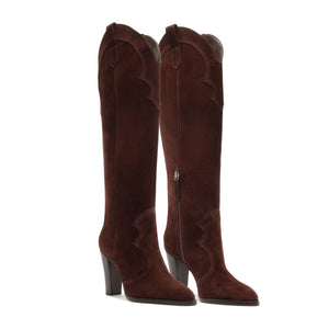 Front view of Miller Up Suede Boot in Maplewood showcasing tall brown suede shafts and block heels with a white background