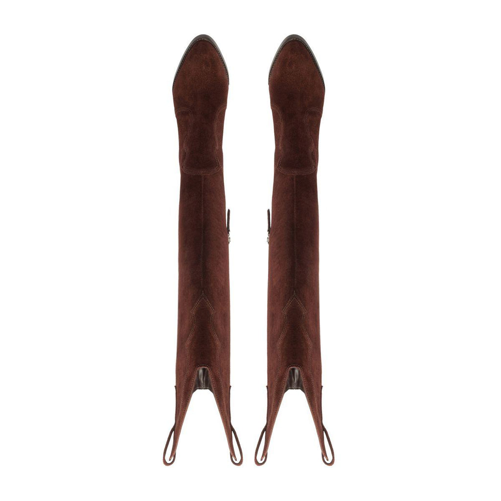 Front view of Miller Up suede boots in Maplewood showcasing tall shafts and pointed toes on a white background