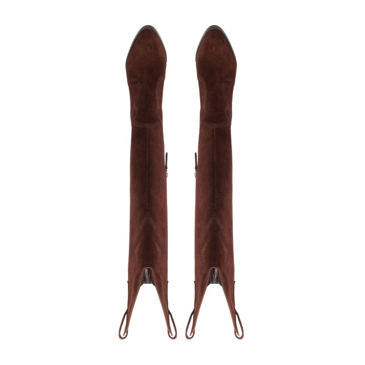 Front view of Miller Up suede boots in Maplewood showcasing tall shafts and pointed toes on a white background