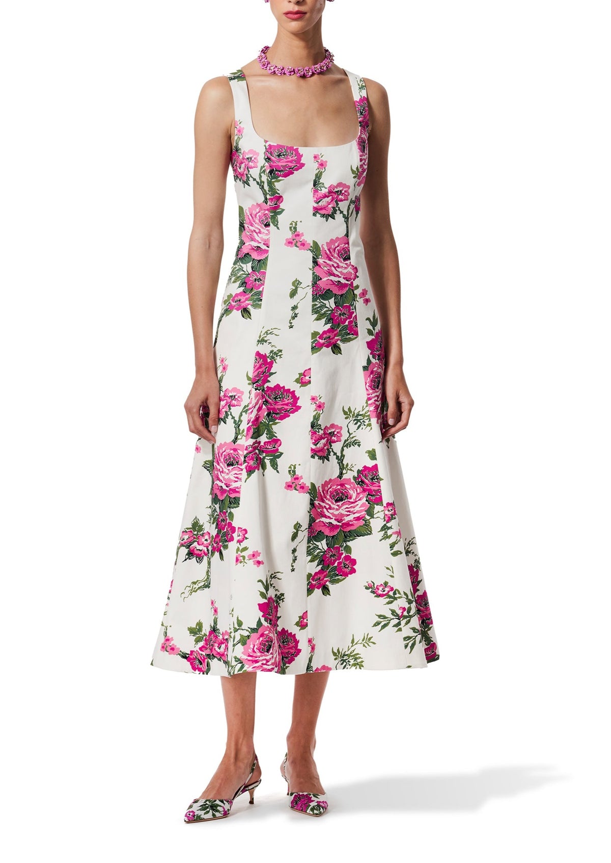 Pink Floral Printed Cotton Square Neck Midi Dress | Over The Moon Pink Floral Printed Cotton Square Neck Midi Dress | Over The Moon