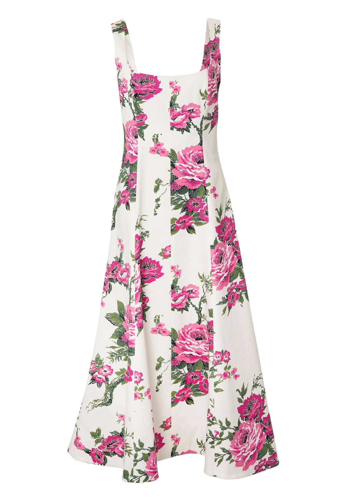 Front view of pink floral printed cotton square neck midi dress showcasing fit-and-flare silhouette on white background