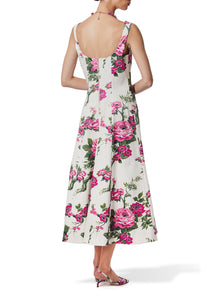 Floral Printed Cotton Square Neck Midi Dress