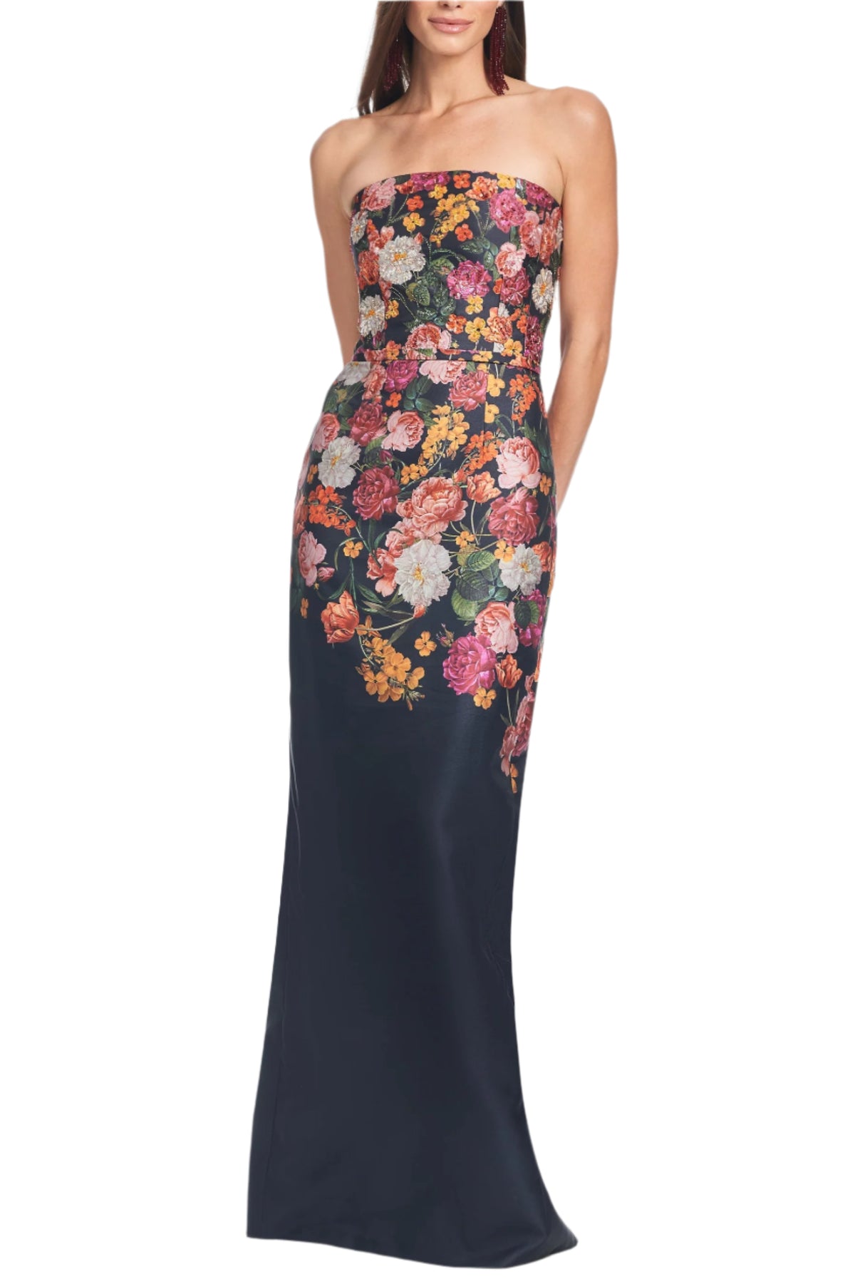 Front view of Embellished Sabine Gown Midnights Magic Blooms showcasing floral print, strapless neckline, and belt