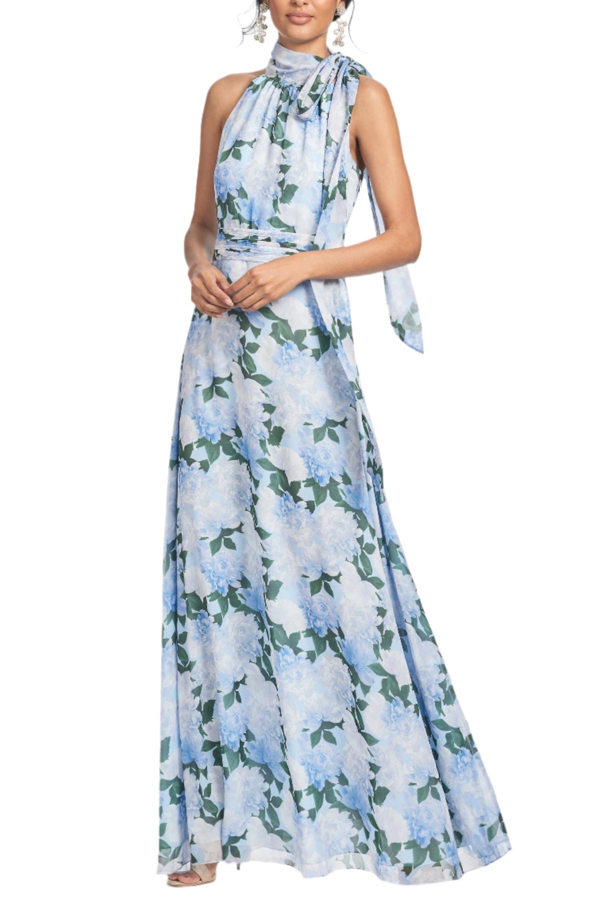 Front view of Kayla Gown in Glacial Peonies showcasing its floral print, self-tie neckline, and pleated waistband on a model