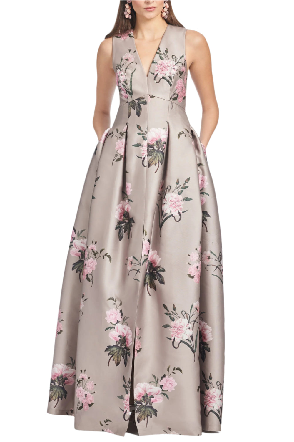 Front view of Embellished Brooke Gown in Pewter English Rose showing a full-length V-neck, floral print, and embellished bodice
