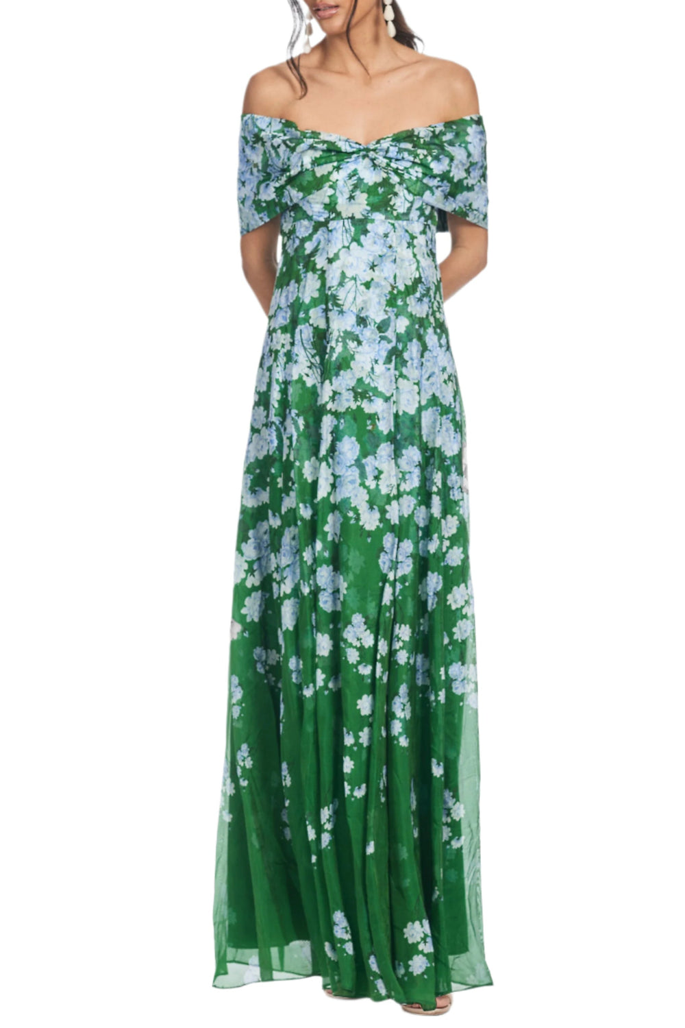 Front view of Kennedy Gown in Kelly Green showing its off-the-shoulder neckline and degrade floral print on white