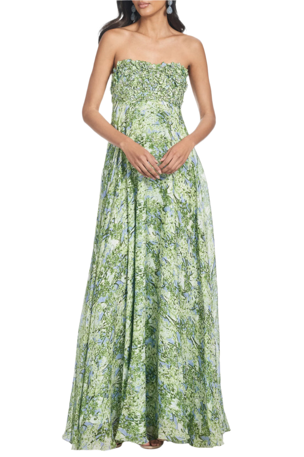 Front view of Ames Gown Peridot Bouquet with hand embellished strapless bodice and floral printed silk on white background