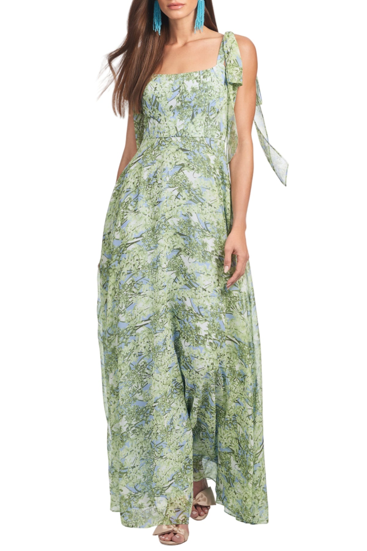 Front view of Pearl Gown in Peridot Bouquet with square neckline, tie shoulder straps and flowing chiffon maxi on white background