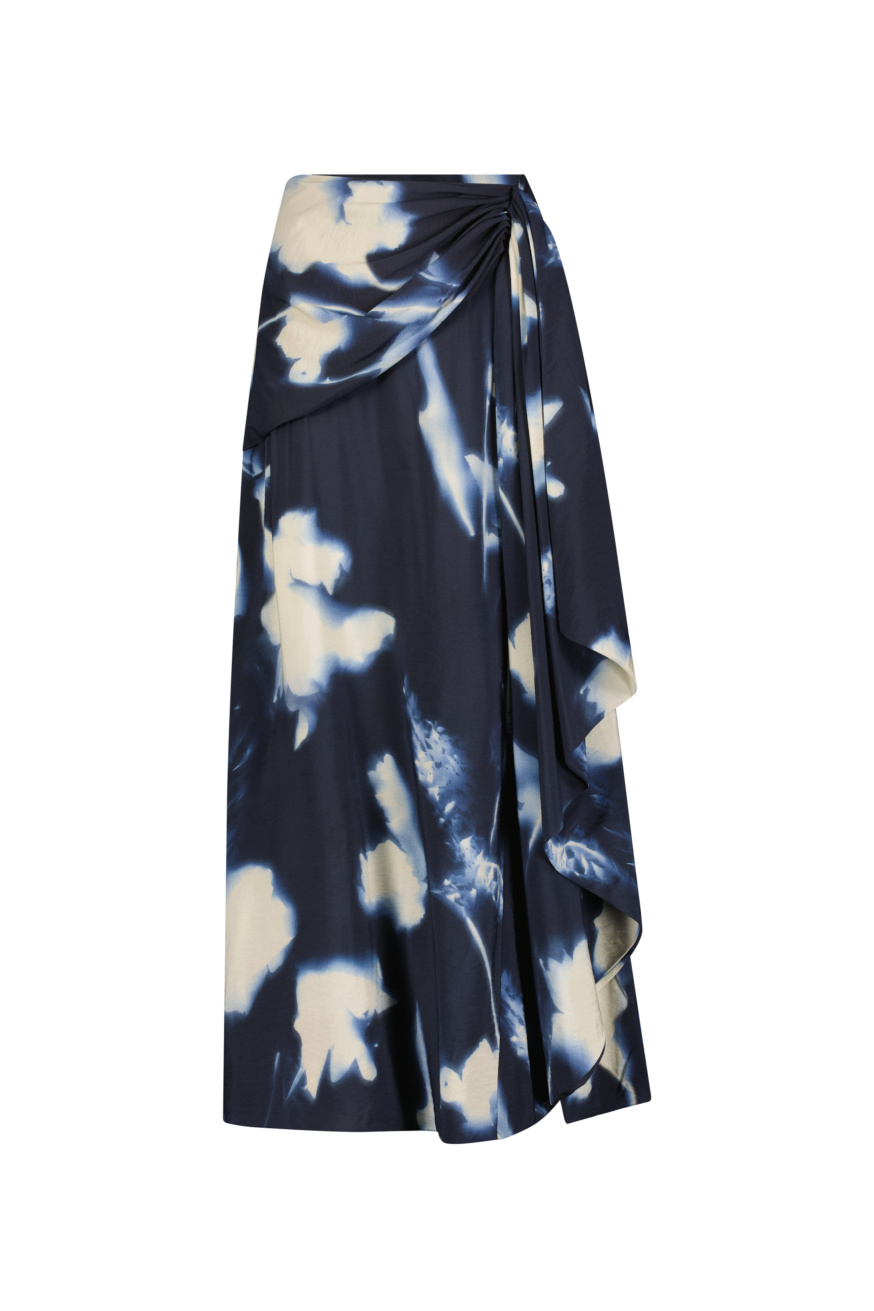 Abstract Floral Crepe Cascade Skirt in Navy