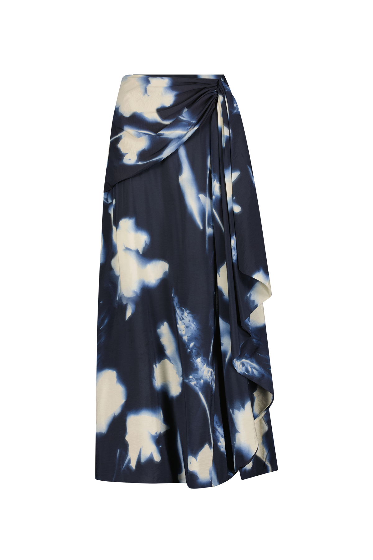 Abstract Floral Crepe Cascade Skirt in Navy