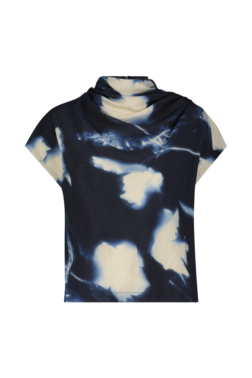 Abstract Floral Crepe Draped Top in Navy