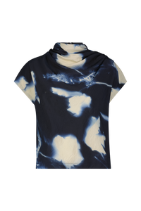 Abstract Floral Crepe Draped Top in Navy