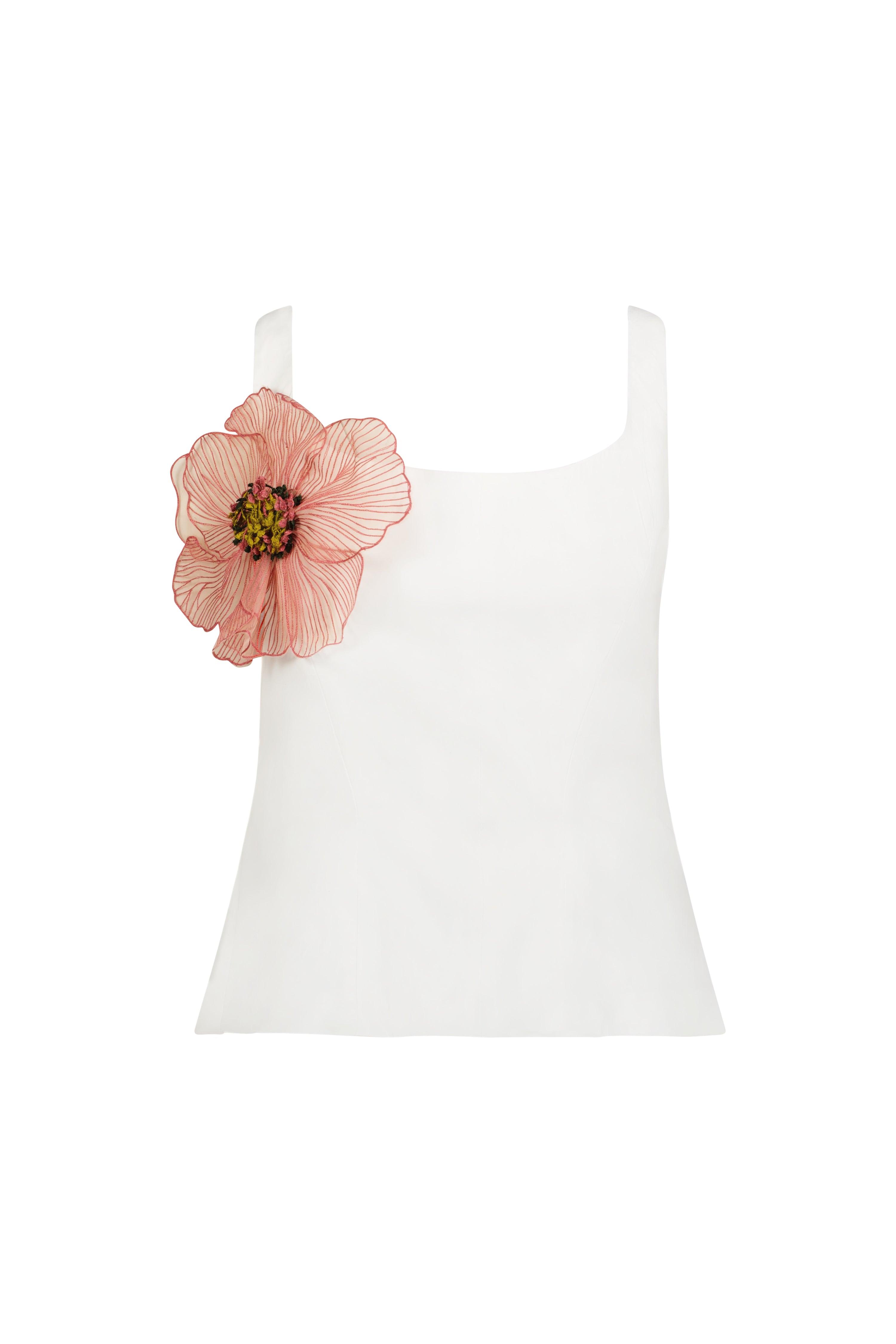 Peony Embroidered Cotton Poplin Scoop Neck Top in White/Pink
