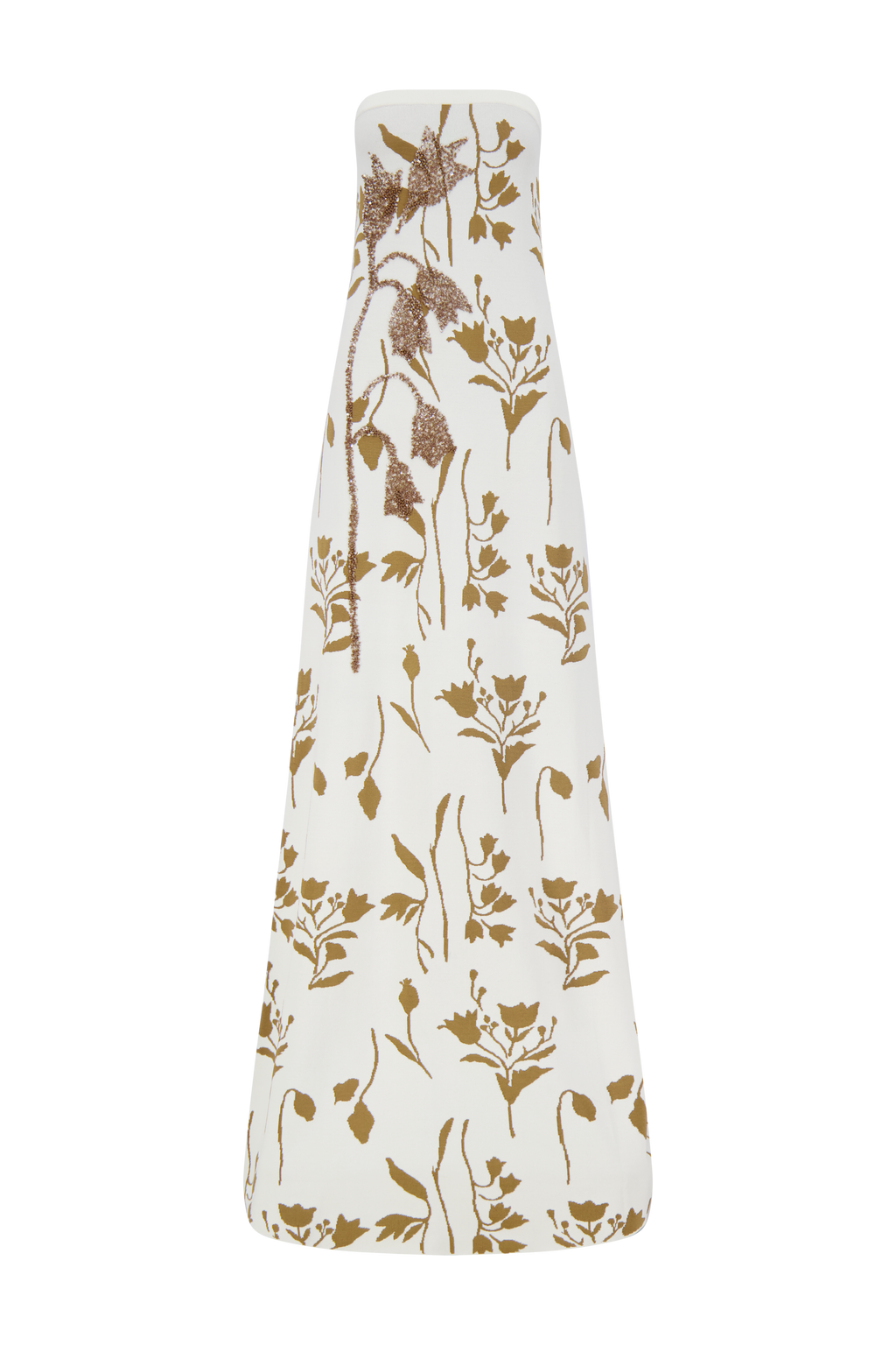 Floral Jacquard Knit Beaded Strapless Dress in Cream/Camel