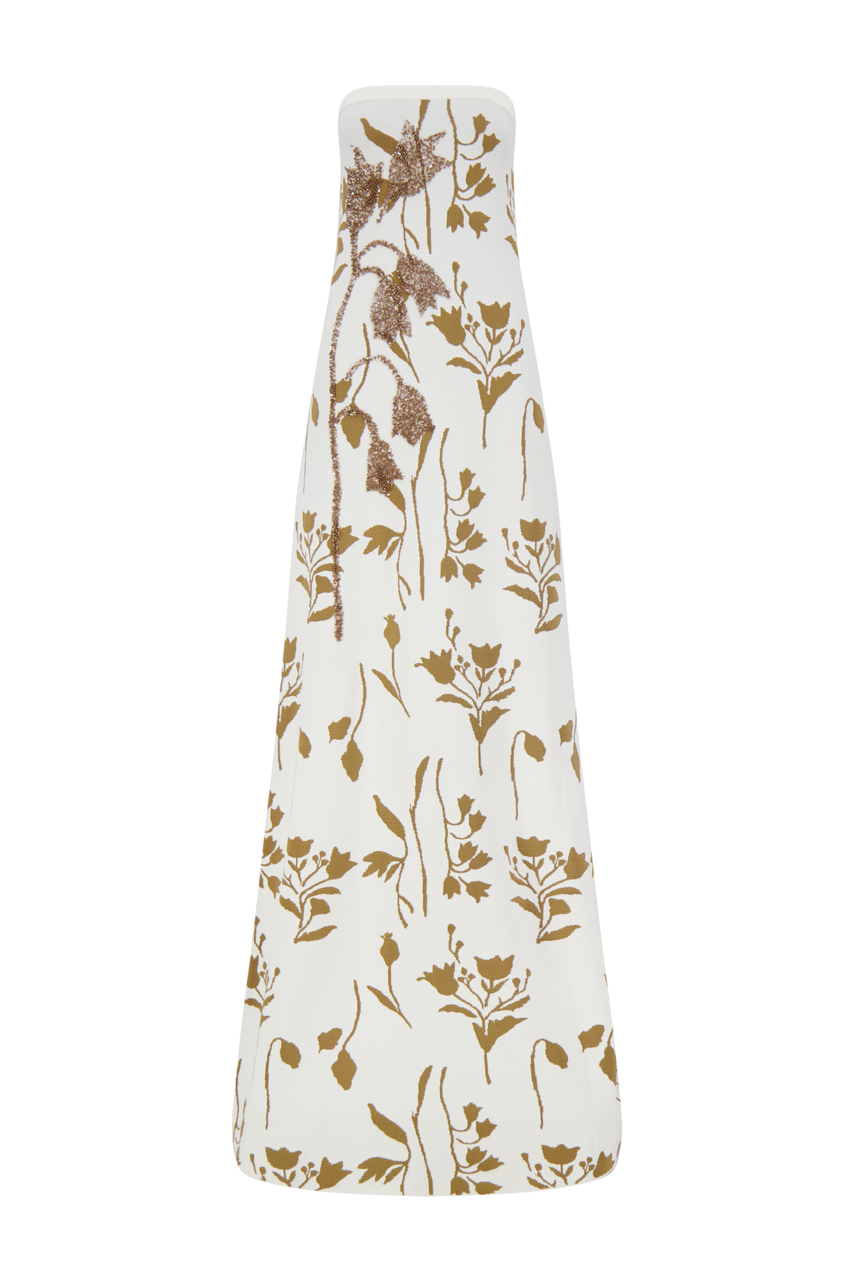 Floral Jacquard Knit Beaded Strapless Dress in Cream/Camel