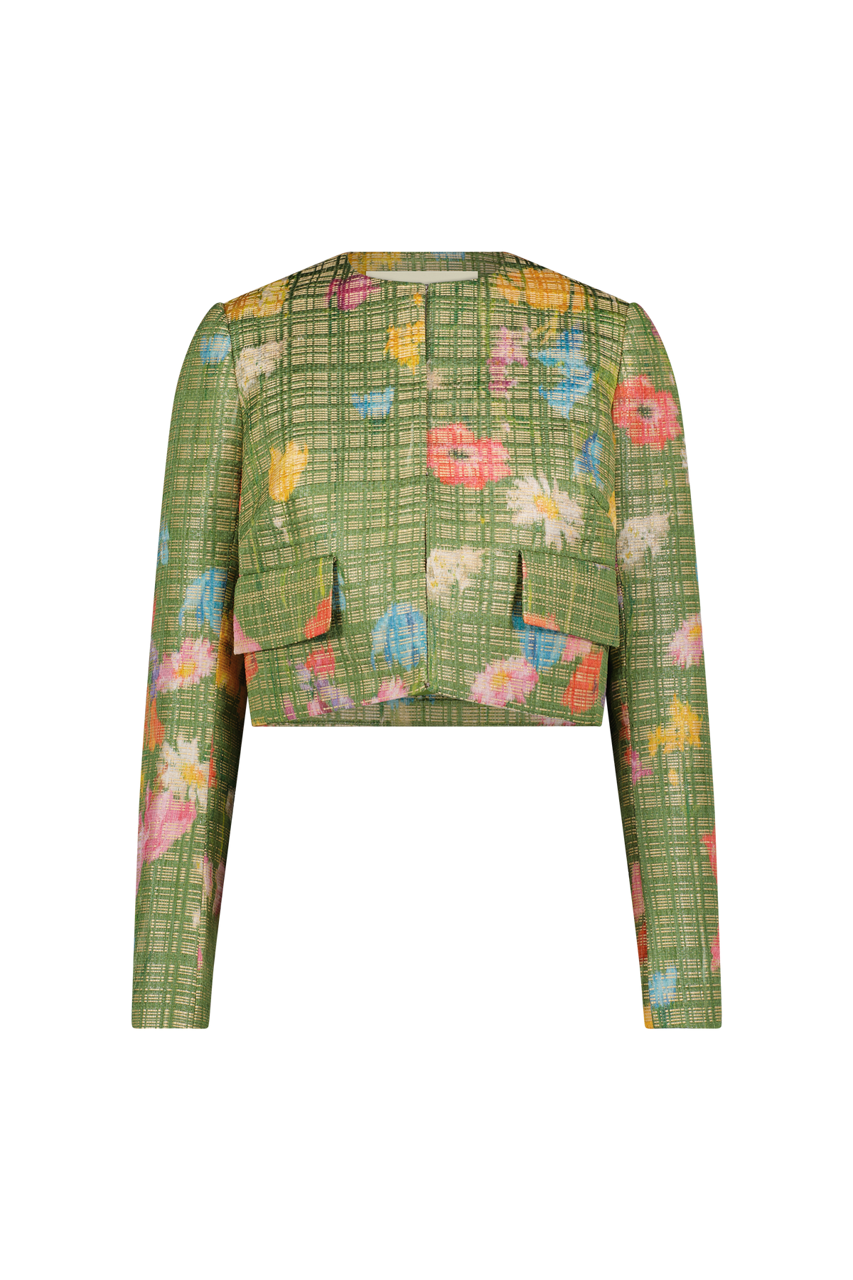 Front view of Floral Raffia Jacket in Cactus Multi, cropped straight silhouette in woven green raffia with watercolor floral print and flap pockets