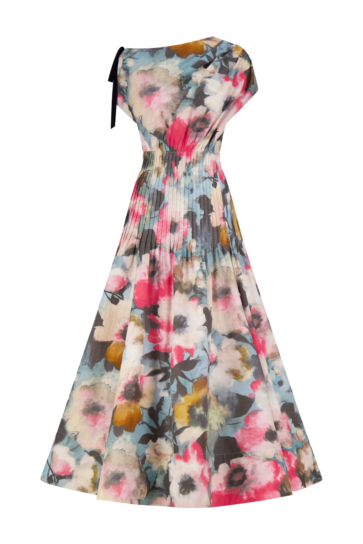 Floral Printed Cotton Draped Shoulder Pleated Dress in Mist Multi