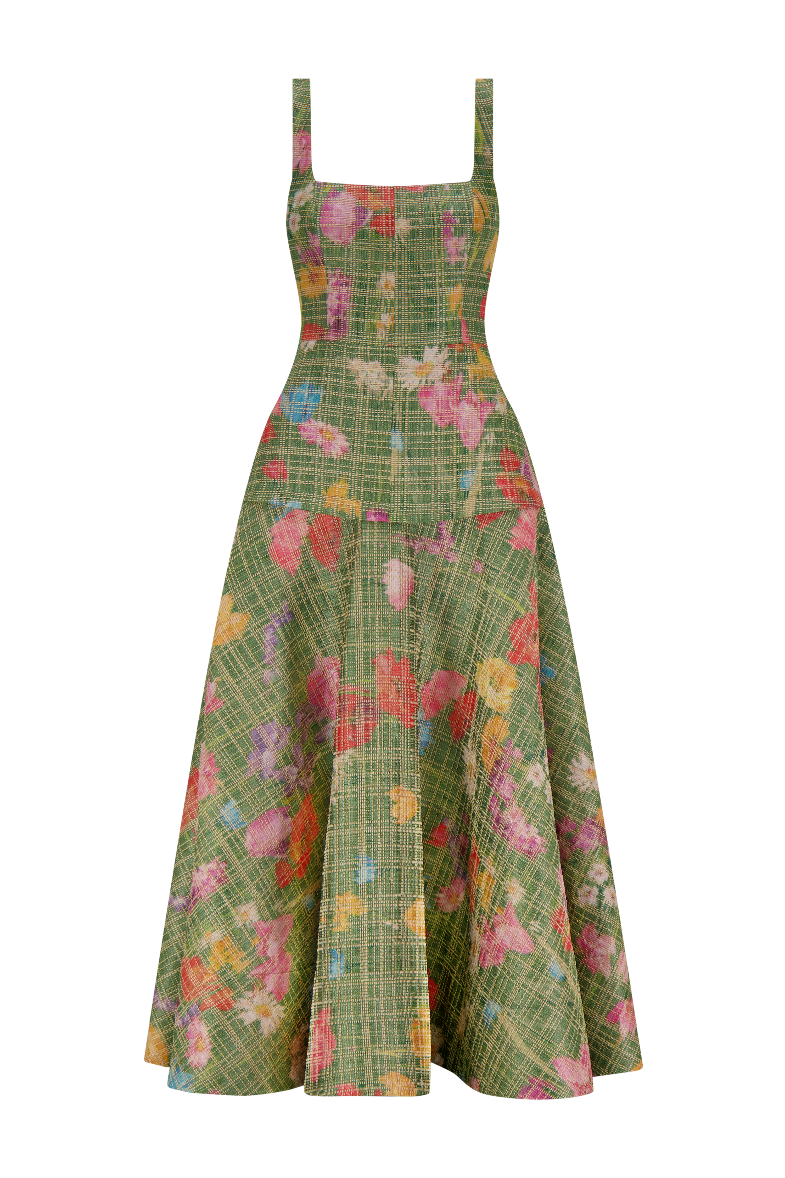 Floral Raffia Square Neck Dress in Cactus