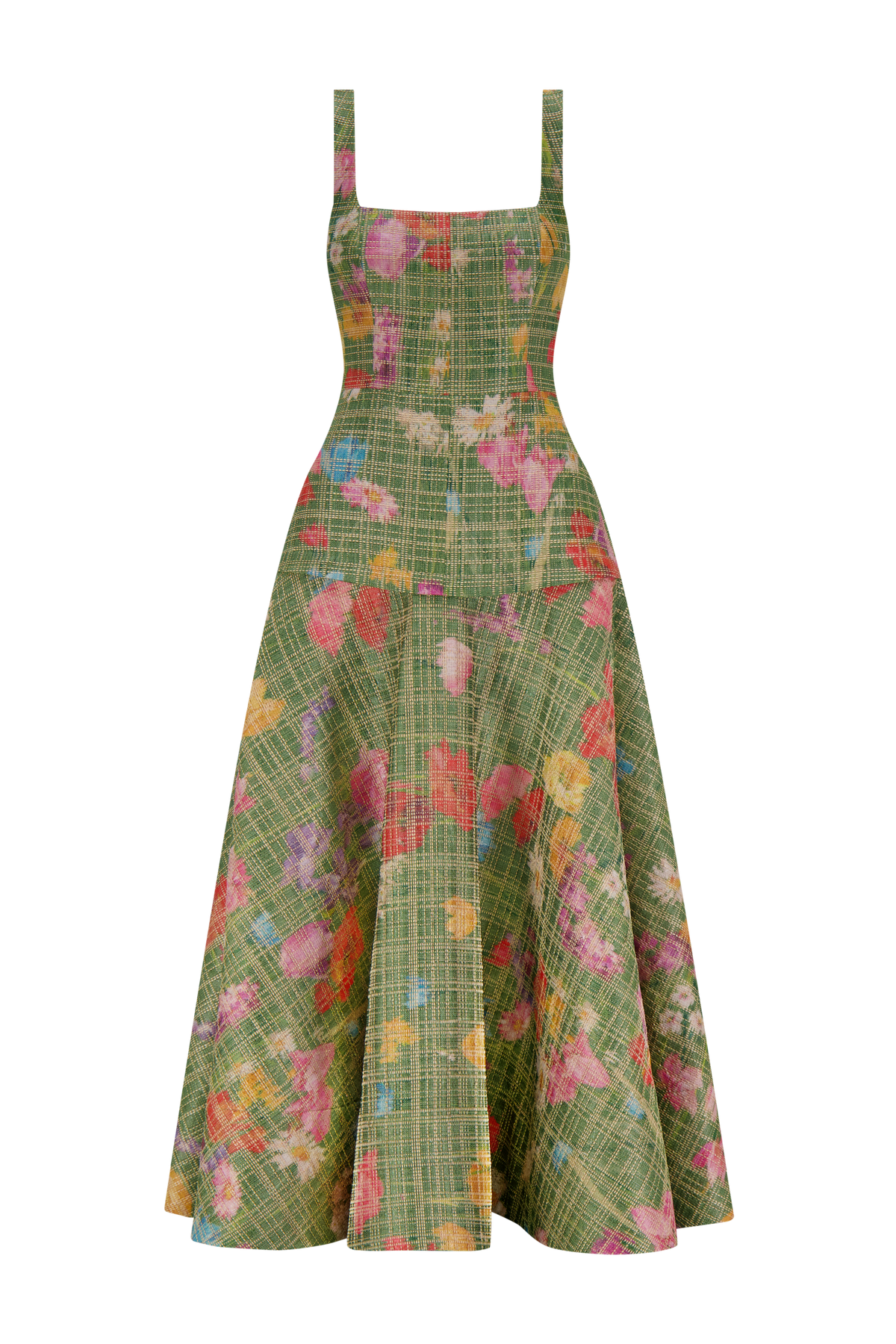 Floral Raffia Square Neck Dress in Cactus