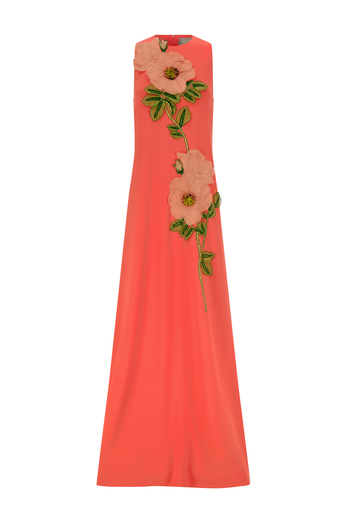 Peony Embroidered Fluid Crepe Francie Gown in Watermelon/Pink