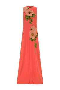 Peony Embroidered Fluid Crepe Francie Gown in Watermelon/Pink