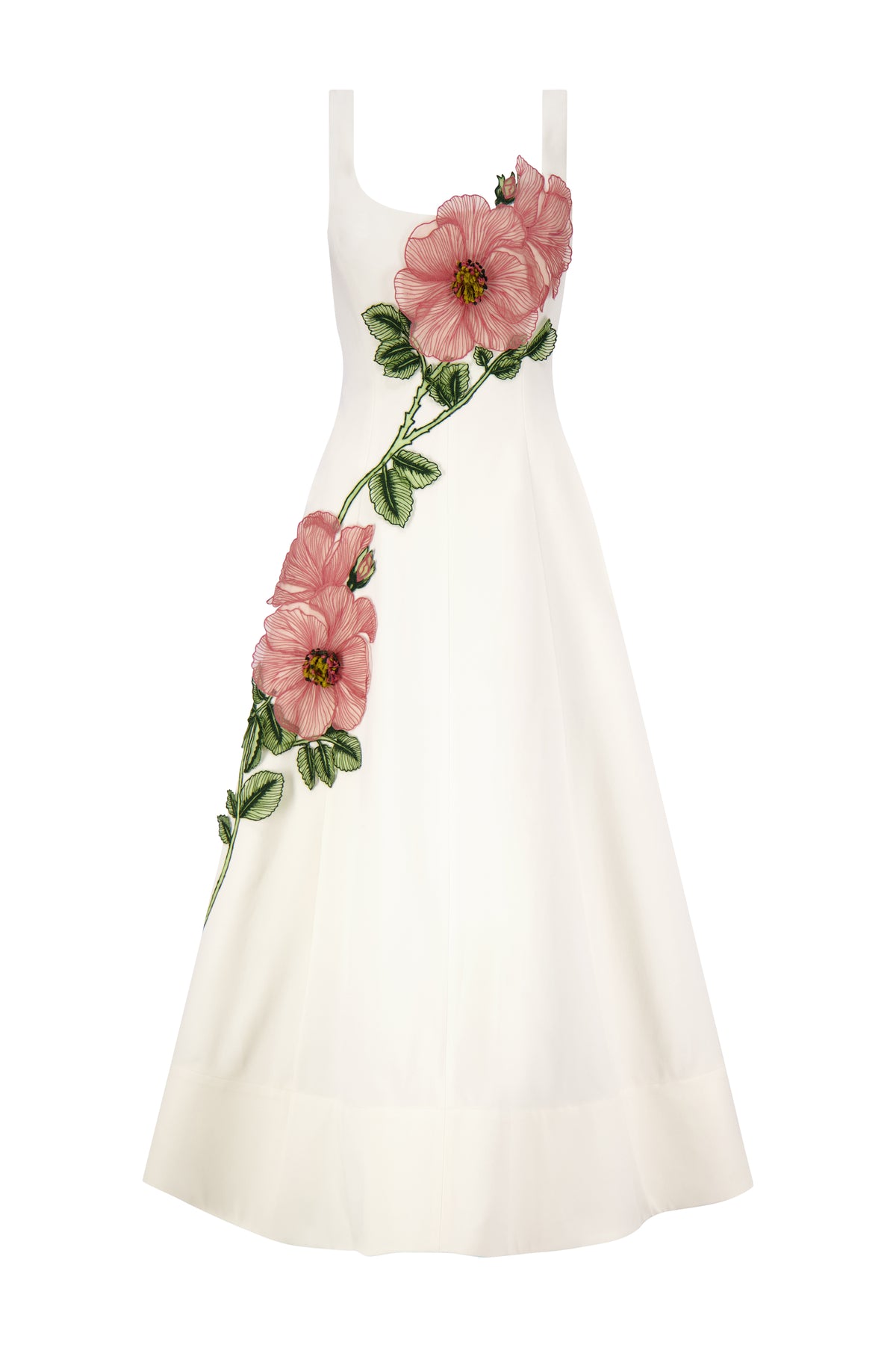 Peony Embroidered Stretch Cotton Full Dress in Cream/Pink