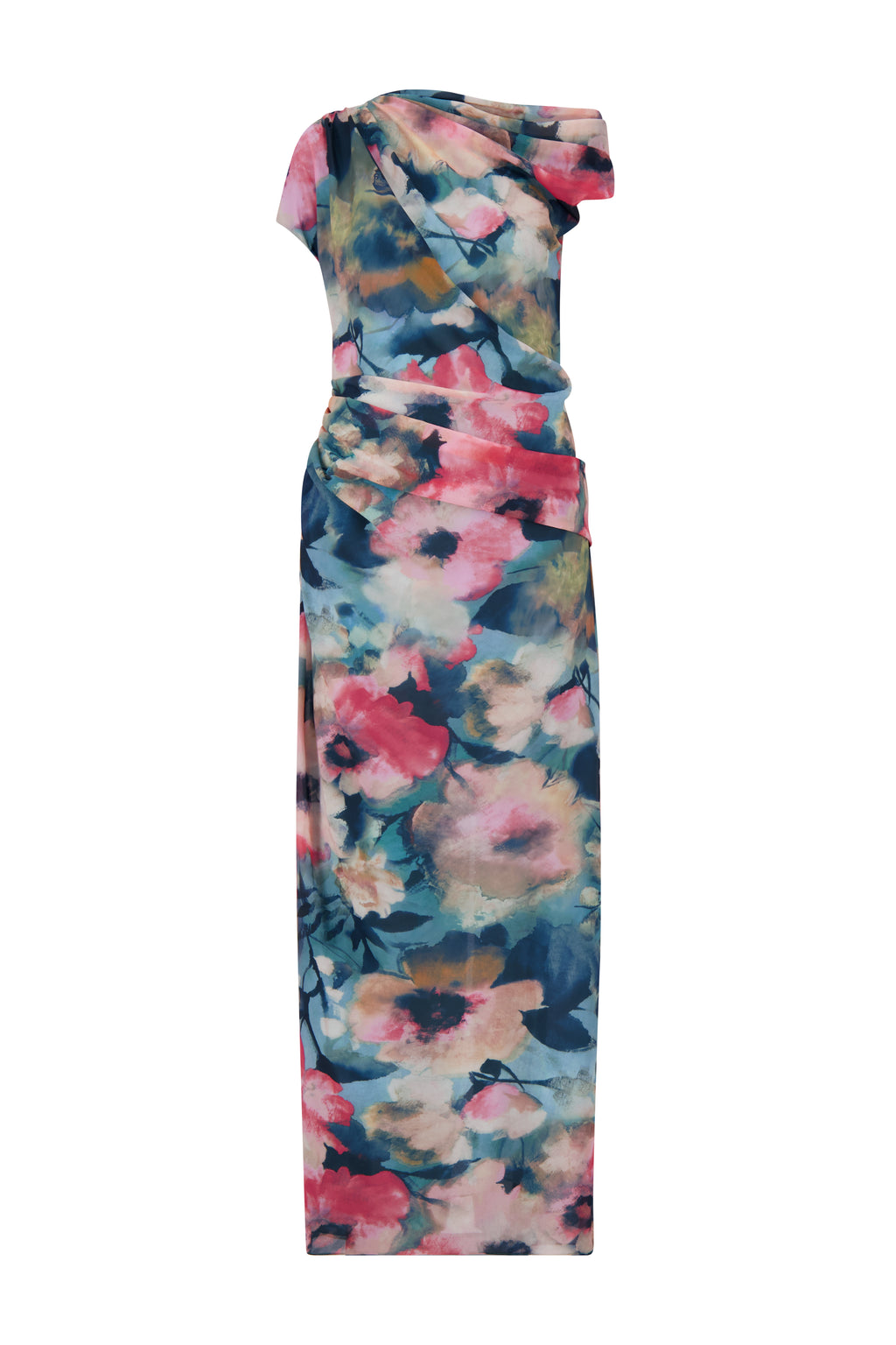 Floral Printed Chiffon Draped Column Gown in Mist Multi