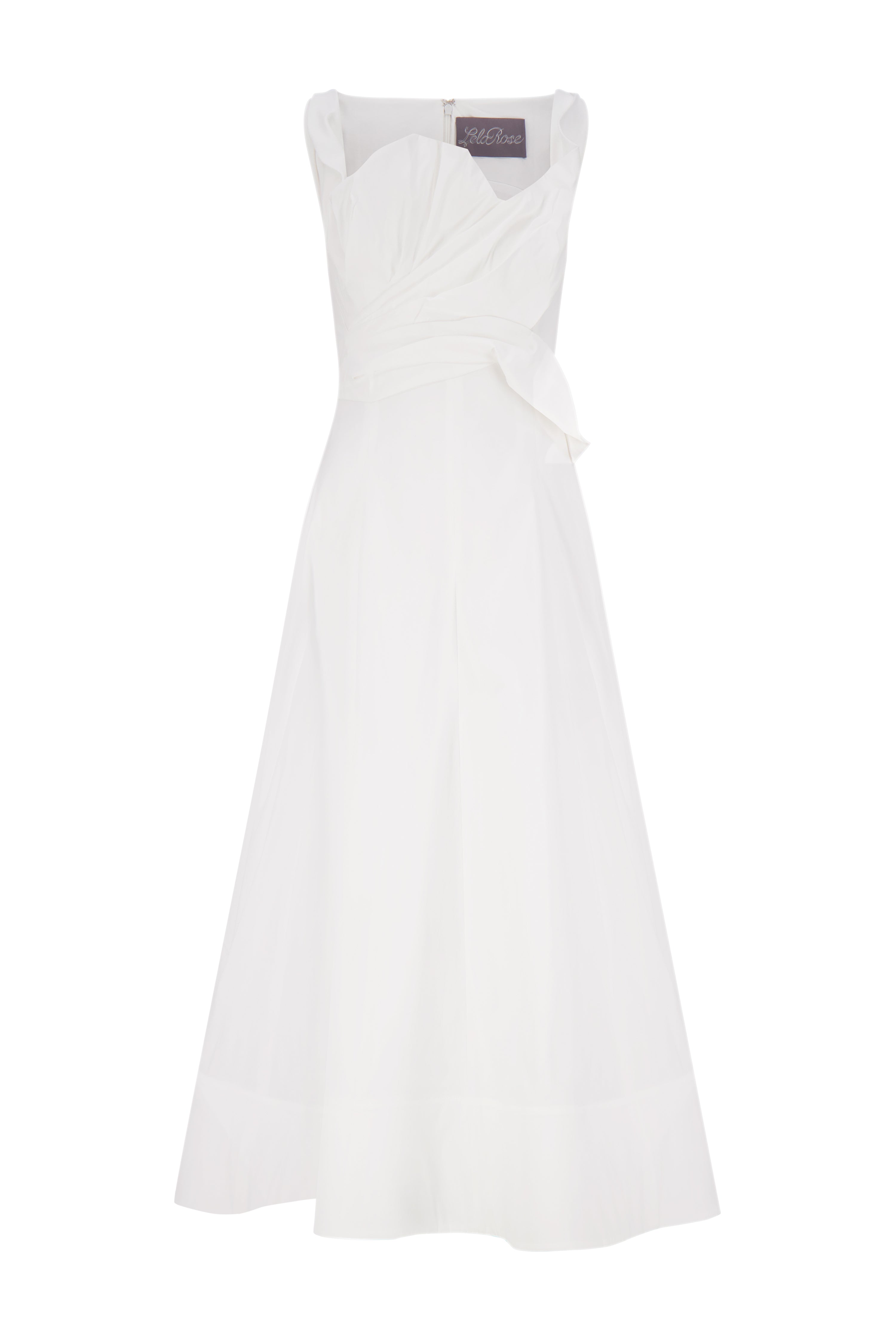 Cotton Poplin Draped Floral Dress in White